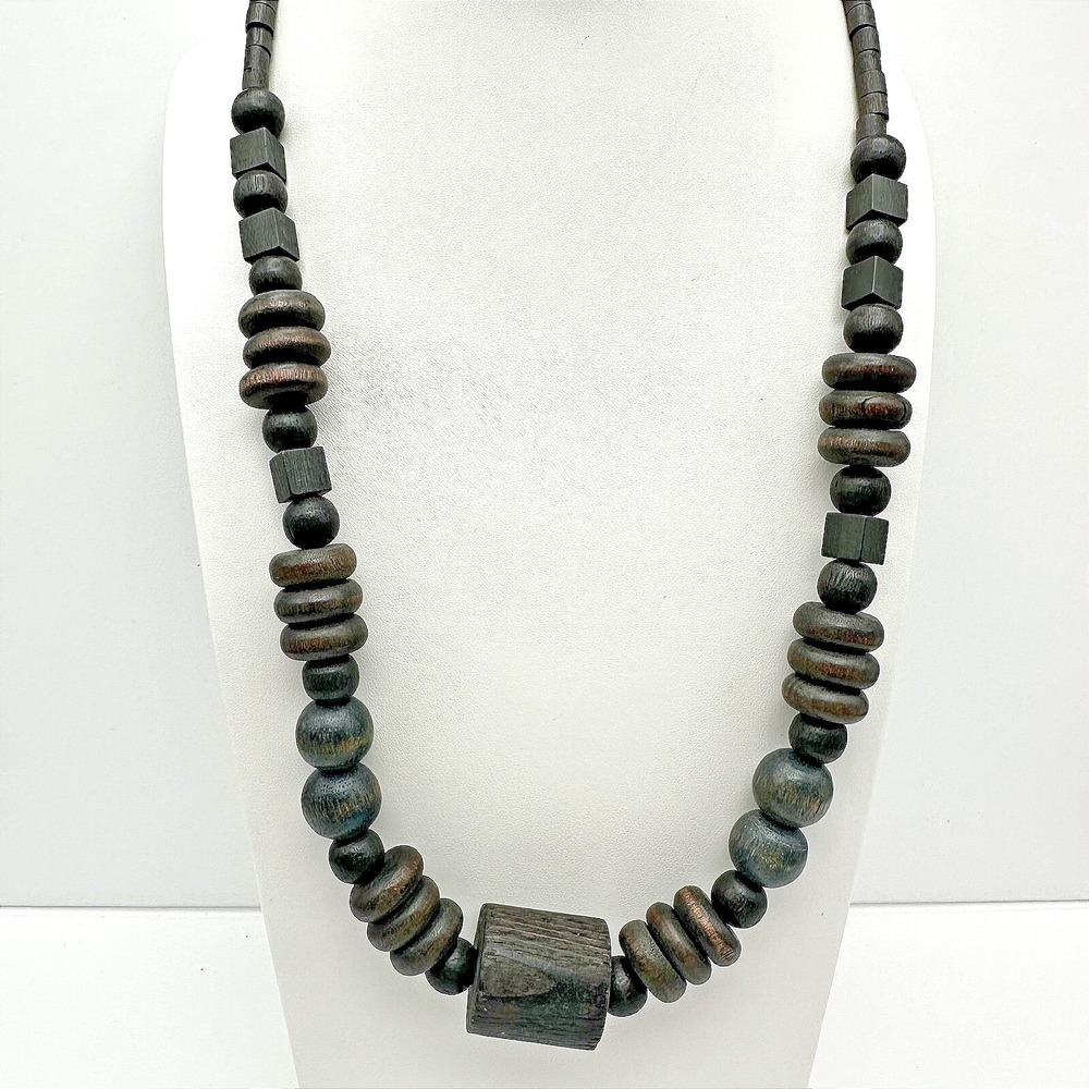 VTG Natural Wood Bead Chunky Statement Necklace Geometric Brown Gray Boho Y2K